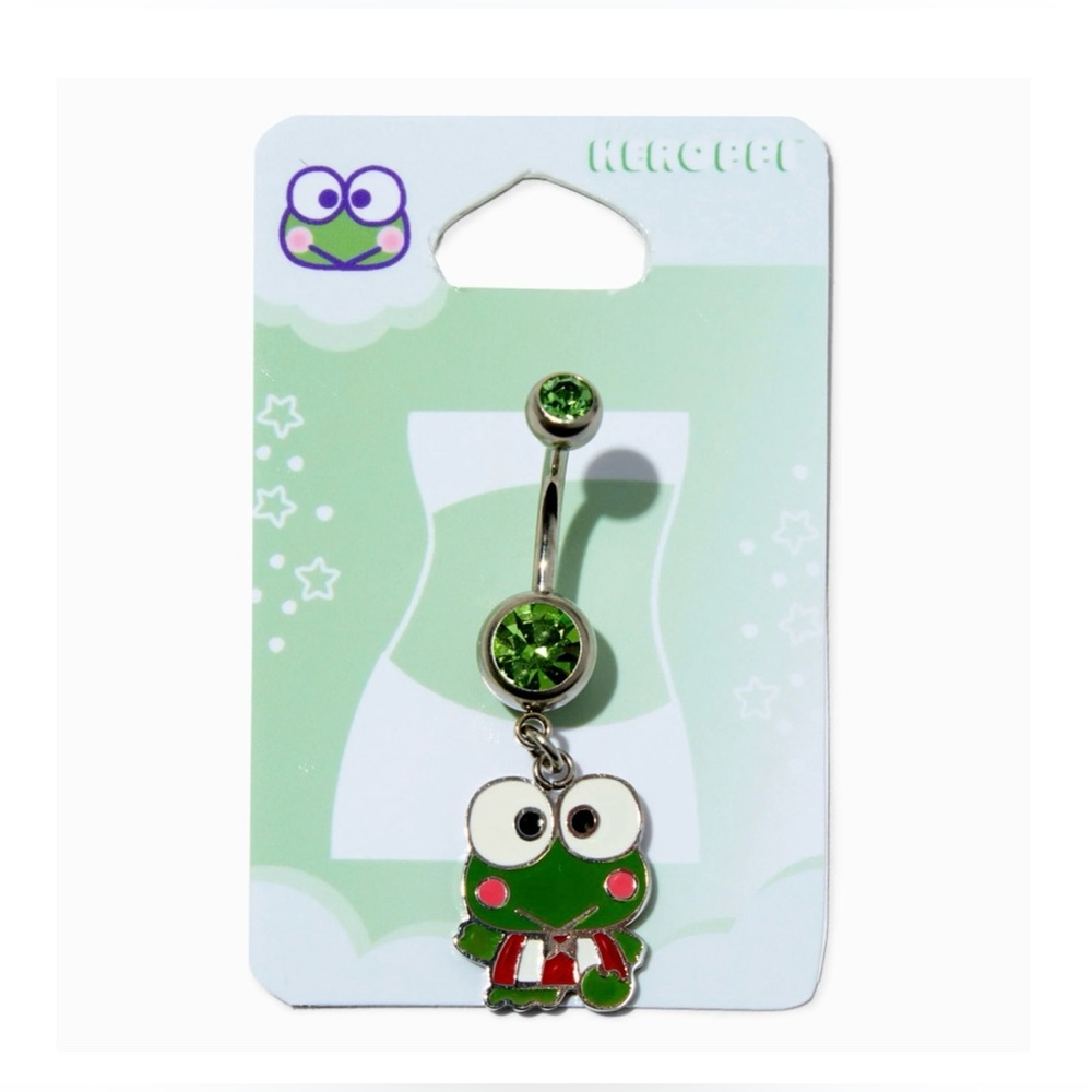 Keroppi Silver Tone Stainless Steel Green Crystal Charm 14G Belly Bar